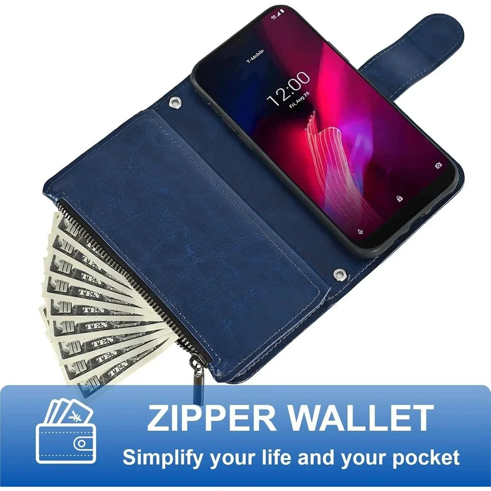 T Mobile Revvl 4‎ Wallet Case Leather Blue Zipper Card Holder Lanyard Strap